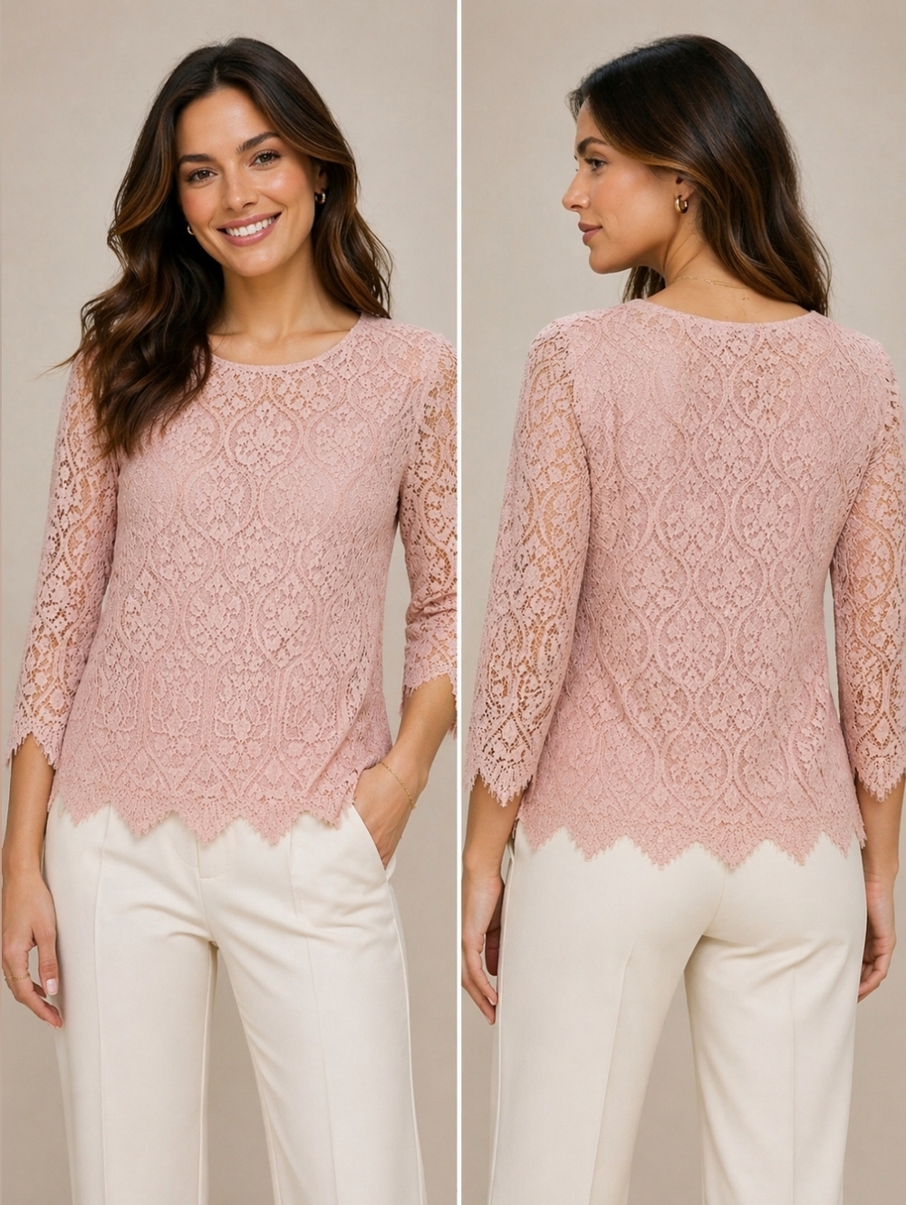 Adrianna Papell Blush Lace 3/4 Sleeve Blouse